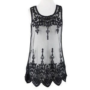 Universal Fashion $50 Sz M Black Sheer Mesh Embroidered Tank 100% Poly Top
